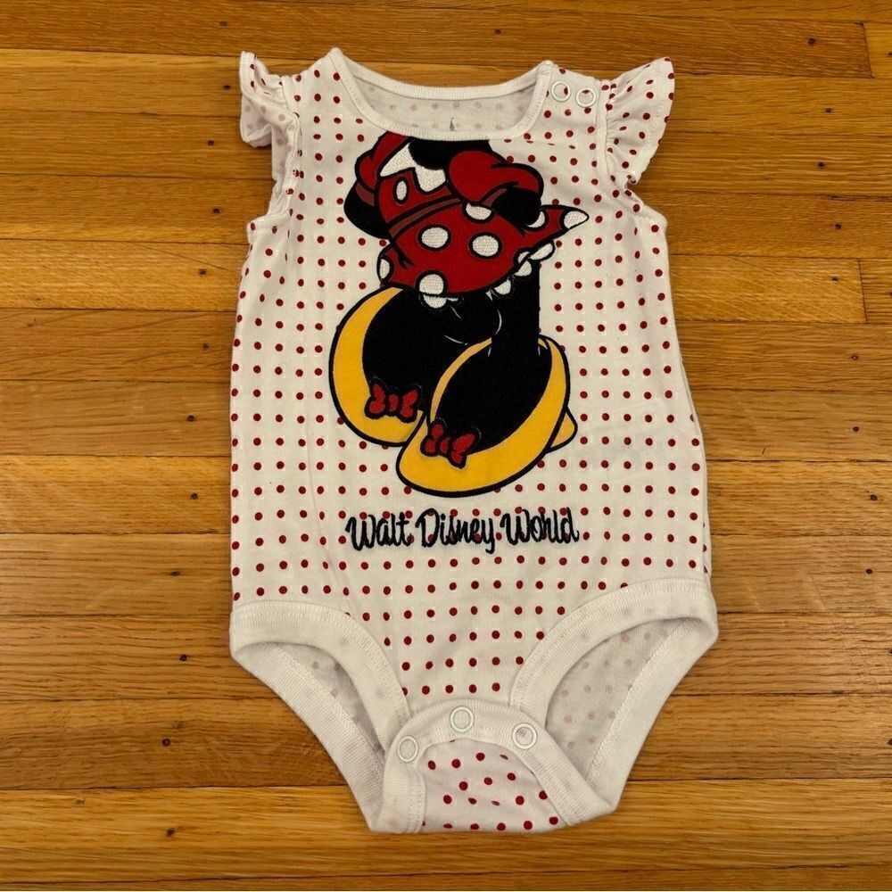 Disney Parks Minnie Mouse white/red polka dot embroidered body onesie